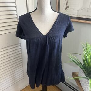 Boden Top Womens 12 Navy Blue Linen V-Neck Sustainable Capsule Minimalist